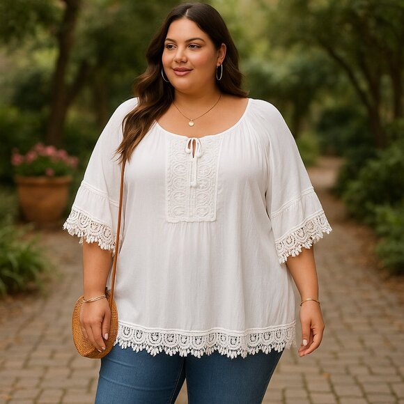 Nation AK Outfits White Boho Peasant Top 3X Plus Size Crochet Trim Rayon Blouse - Picture 1 of 8